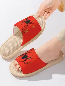 Black Spider & Web Pattern | Edgy & Spooky 1 Pair Linen Breathable Non-Slip Sweat-Absorbent Home Slippers For Trendsetters/Men & Women (Spring Summer/Lounging/Bathroom/Halloween)