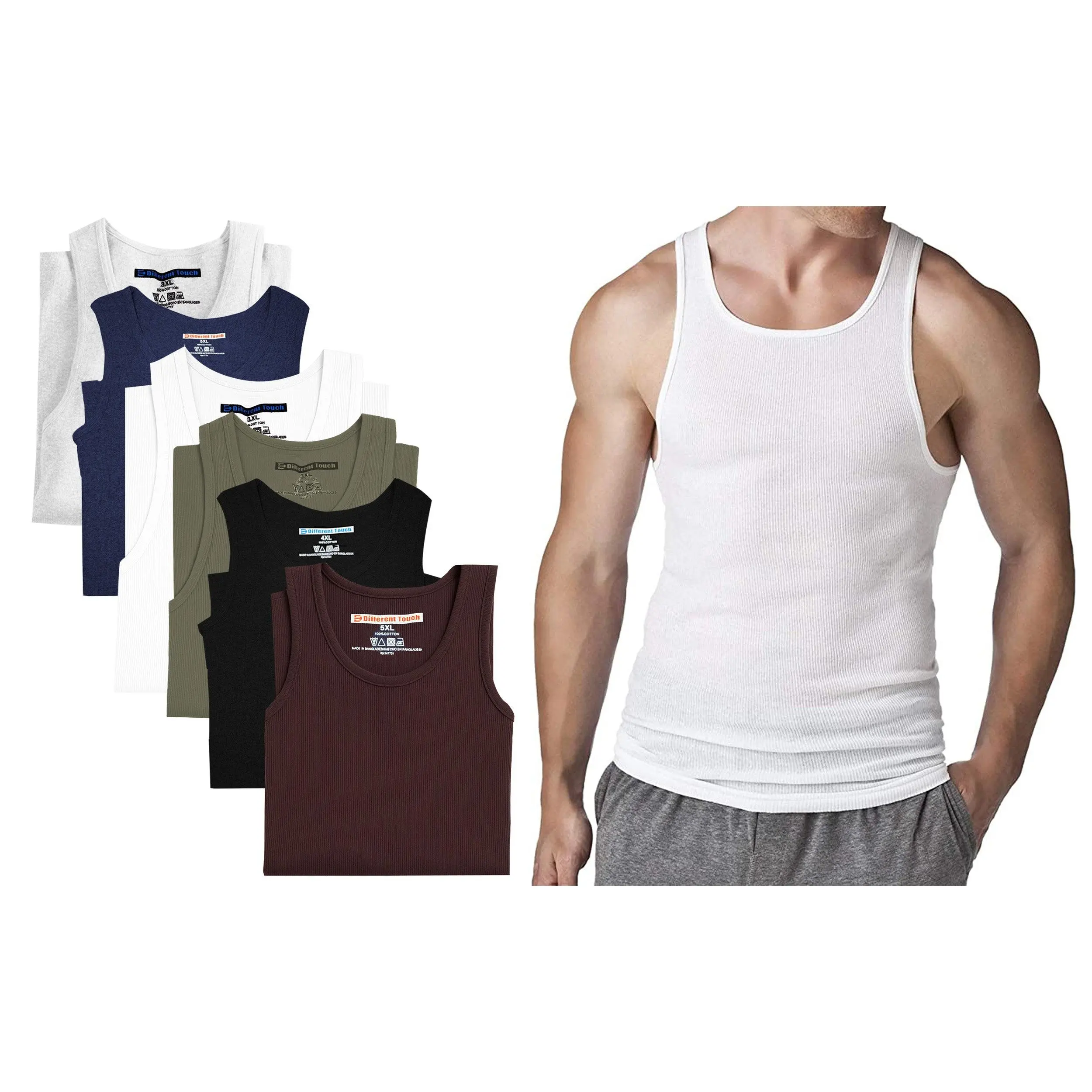Men's Big and Tall Muscle Ribbed Undershirts - 6-Pack Classic Long A-Shirts with Smooth Fabric, Assorted Colors, Menswear Essential, Soft