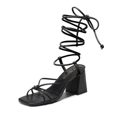 DREAM PAIRS Women's PU Square Toe Lace-Up 2.95 Inches Chunky Block Heel Sandals - Decor-Enhanced Strappy, Cushioned Insole Casual Pumps for Any Occasion