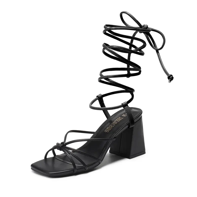 DREAM PAIRS Women's PU Square Toe Lace-Up 2.95 Inches Chunky Block Heel Sandals - Decor-Enhanced Strappy, Cushioned Insole Casual Pumps for Any Occasion