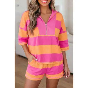 Women's Chic Comfy 2-Piece Matching Set, Elastic Striped Pink Seam Detail Half-Zip Tee & Casual Shorts