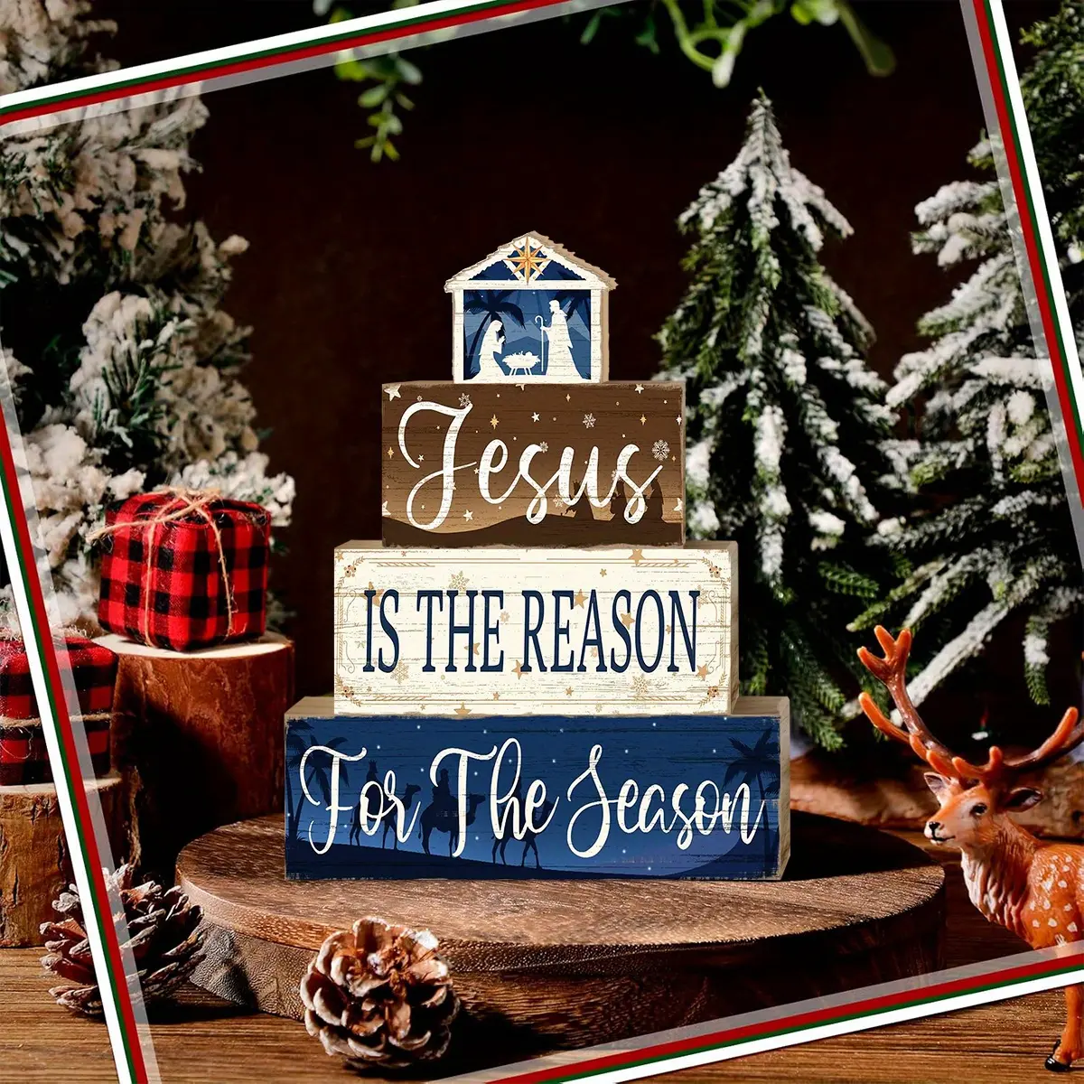 4 pcs Christmas Table Centerpiece Rustic Decorative, Tiered Tray Decor, Nativity Scene Wooden Decoration, Funny Gingerbread Christmas Sign, Block Signs Gift Farmhouse Winter Table Decoration for Home Kitchen, Decorative Table Centerpieces