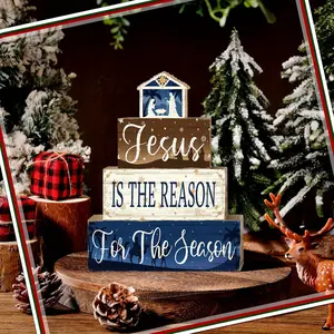 4 pcs Christmas Table Centerpiece Rustic Decorative, Tiered Tray Decor, Nativity Scene Wooden Decoration, Funny Gingerbread Christmas Sign, Block Signs Gift Farmhouse Winter Table Decoration for Home Kitchen