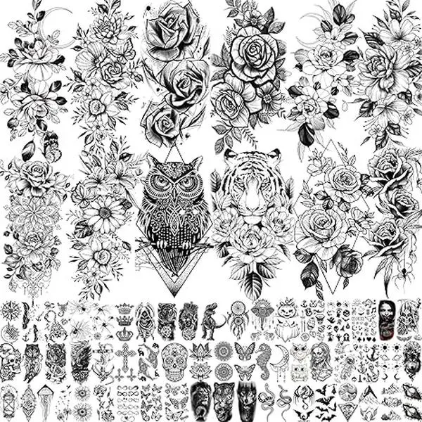 69 Sheets Realistic Peony Rose Flower Temporary Tattoos For Women Girls Arm Thigh, Owl Tiger Floral Waterproof Long Lasting Temp Fake Tattoos For Women, Small Black Tattoo Stickers Kids Finger