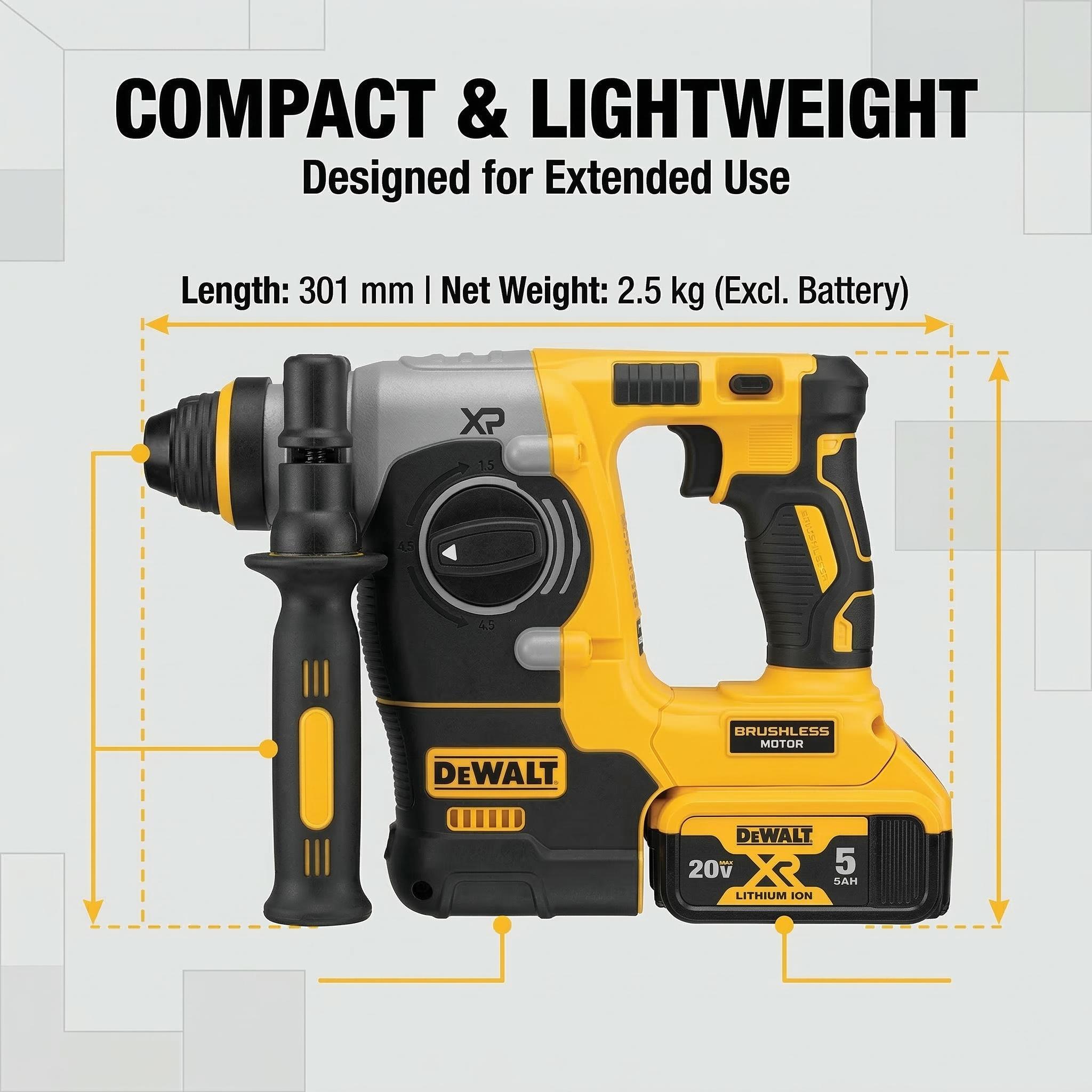 Dewalt DCH273 Rotary Hammer Drill Kit – Brushless Motor, 20V Battery – For Concrete, Wood & Metal Drilling – Lightweight with 2.4J Impact Energy & Variable Speed