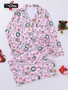 2-piece Knitted set of gingerbread man, building blocks, Christmas long sleeved pants, soft, comfortable, skin-friendly top, small pocket, button closure, elastic waistband, suitable for all seasons home, daily wear, pajamas