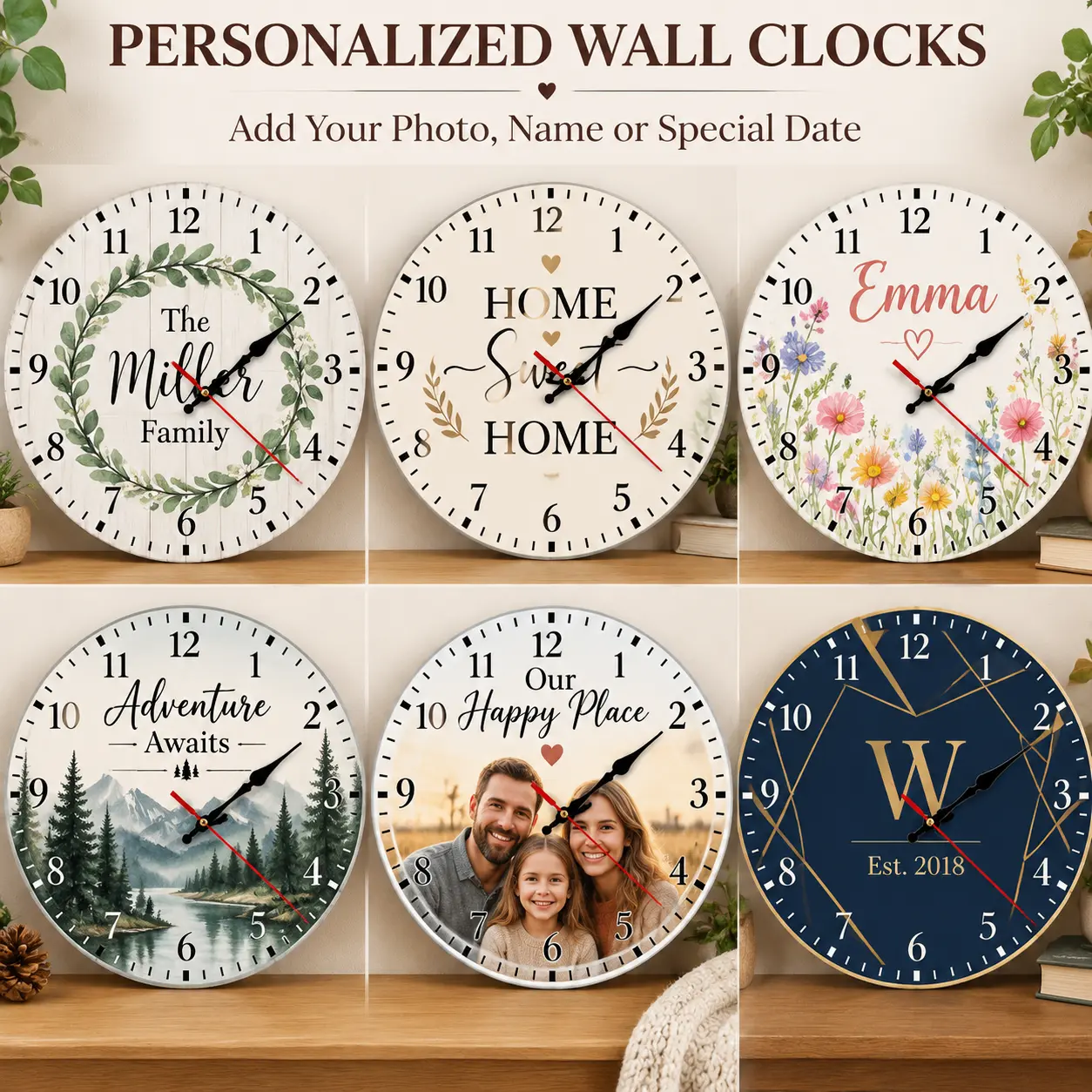 Custom Photo Wall Clock, Personalized Round Clock with Your Picture or Design, Silent Battery Operated Decorative Wall Clock for Family Gifts, Living Room, Bedroom and Home Decor