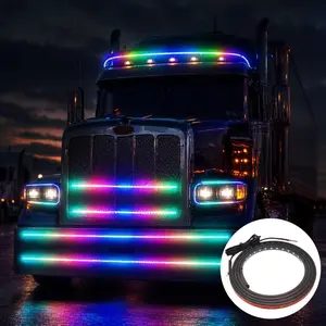 24V RGB Truck LED Accent Light Strip Color Changing Exterior Decorative Light Bar LED Light Bars Waterproof Flexible Hardwired LED Strip for Semi Truck Lorry Trailer Cab Grille Styling Light for Commercial Vehicle Custom Lighting