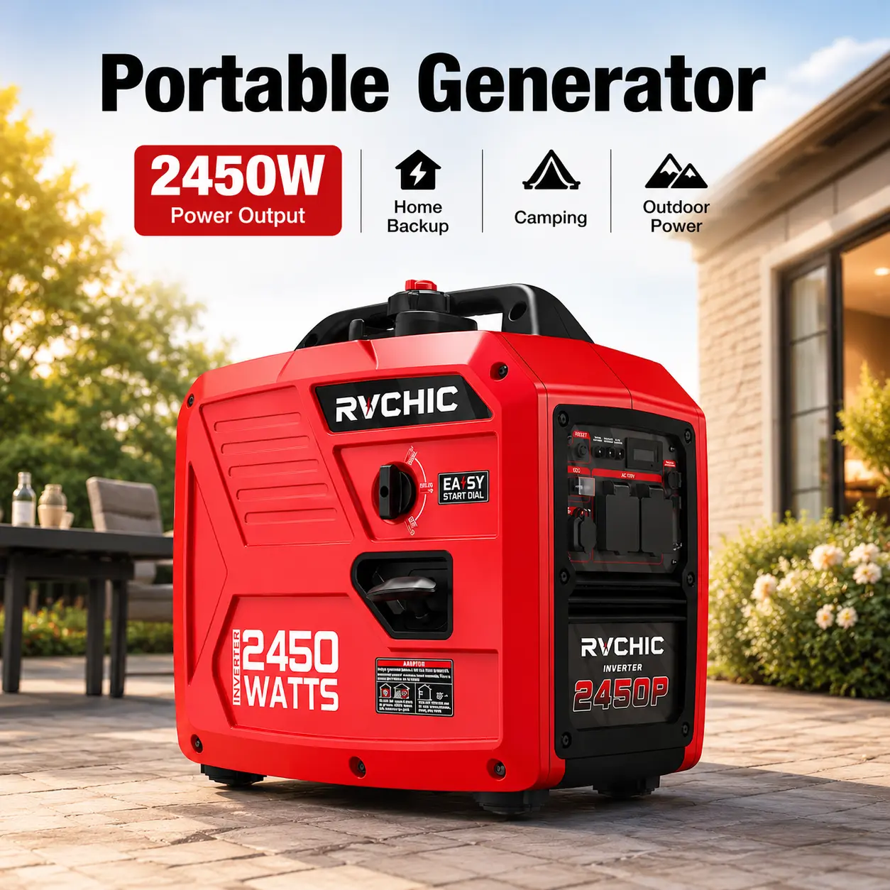 Portable Inverter Generator, Quiet Gas Powered Generator for Home Backup, Camping & RV Use, 1800W Running / 2450W Peak, Easy Start Fuel Efficient Outdoor Emergency Power