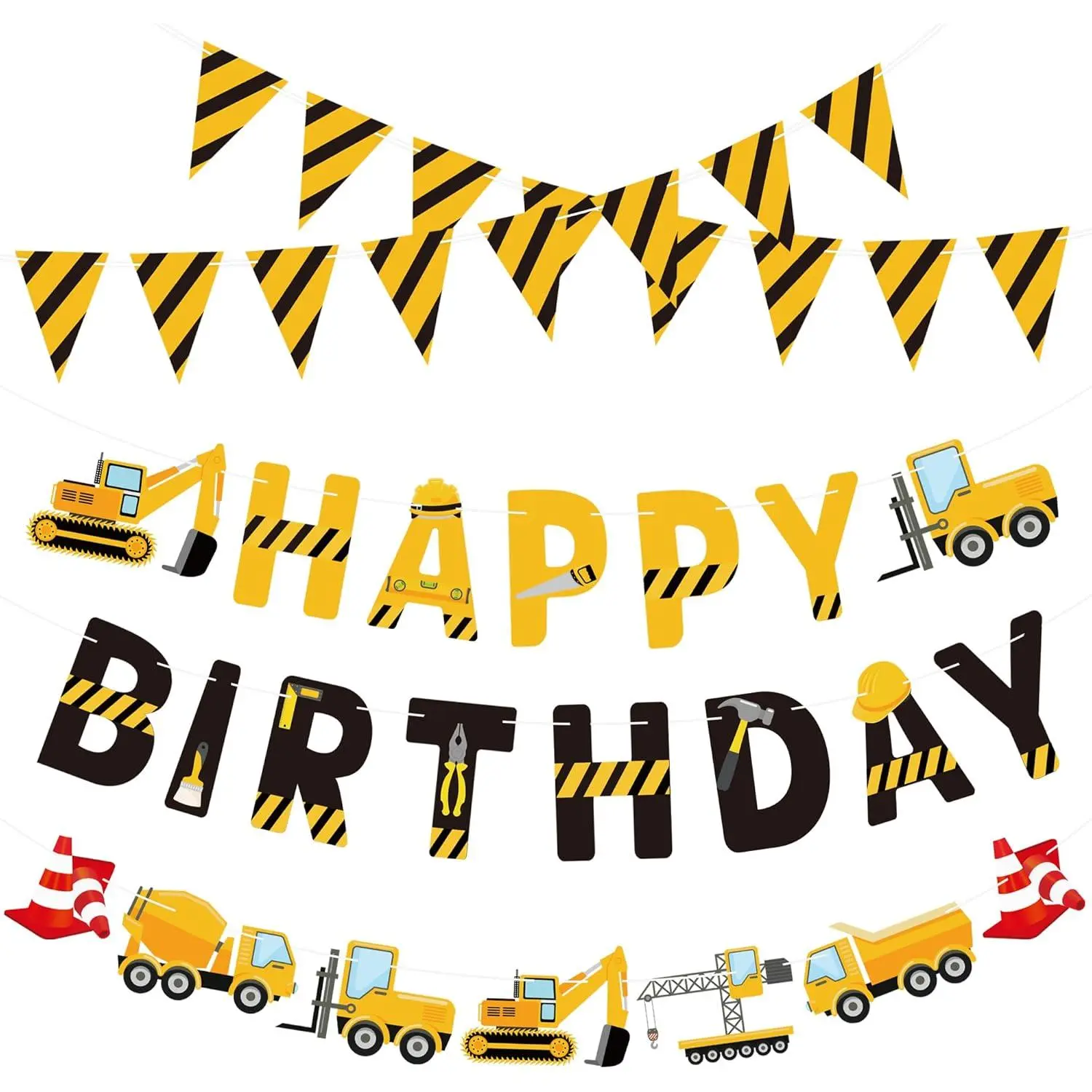 P-PSD017   Construction Birthday Banners Vehicle Truck Paper Garlands Construction Pennant Flags Bunting Banners Happy Birthday Party Decor for Boys Construction Theme Birthday Party Decorations, Set of 5