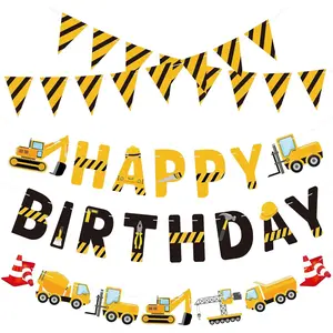 P-PSD017   Construction Birthday Banners Vehicle Truck Paper Garlands Construction Pennant Flags Bunting Banners Happy Birthday Party Decor for Boys Construction Theme Birthday Party Decorations, Set of 5