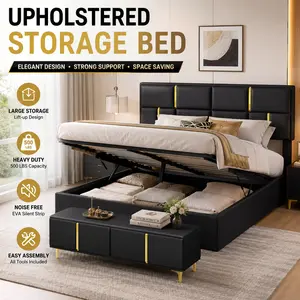 Super 2 Piece Bedroom Set Queen Platform Bed Storage Bed Frame Black Upholstered Bed with Hydraulic Storage System Storage Ottoman Metal Legs Master Bedroom Furniture Set Small Space Living Modern Apartment Decor