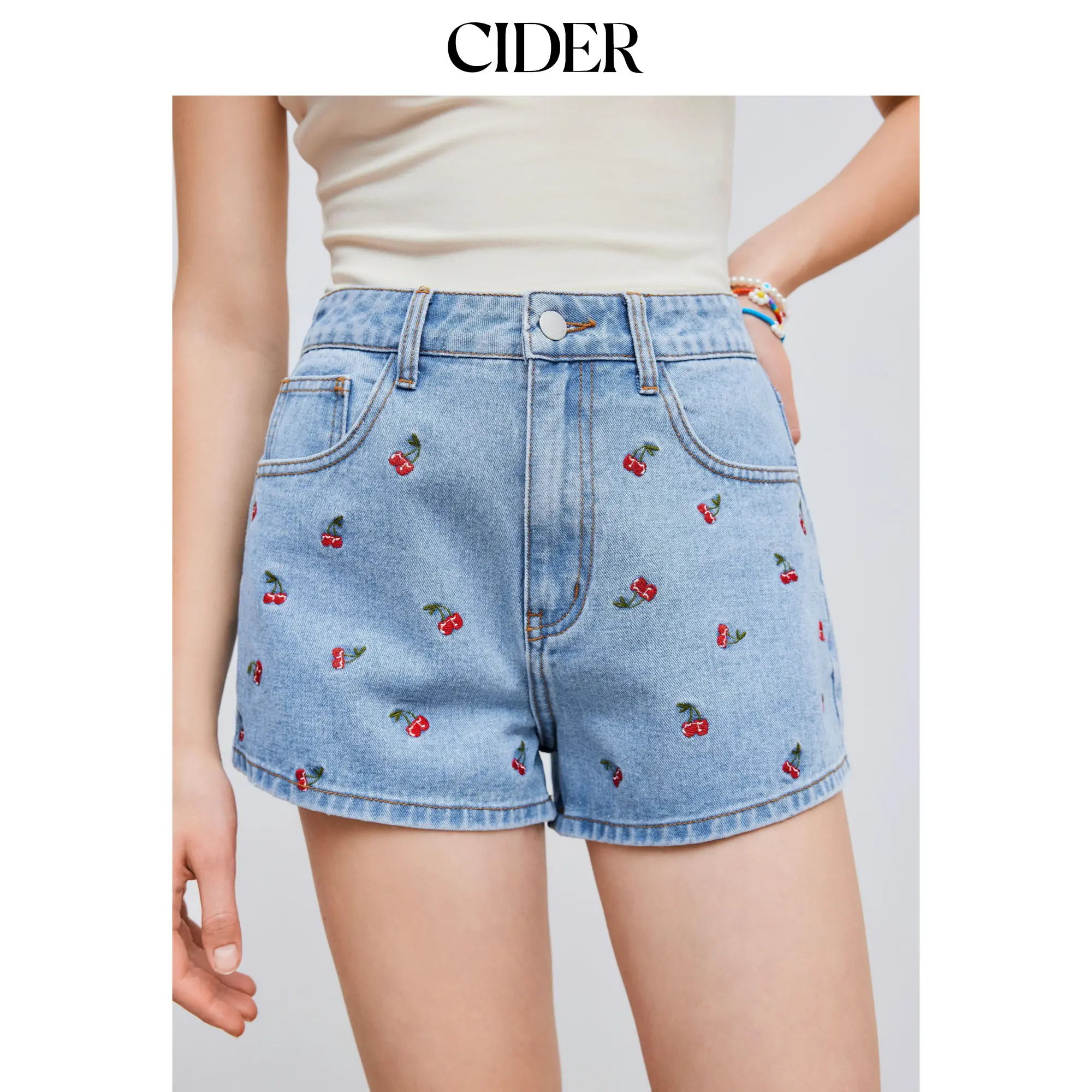 Cider [3 colors, size 0-26] Cider Denim Mid Rise Cherry Embroidery Straight Leg Micro Shorts