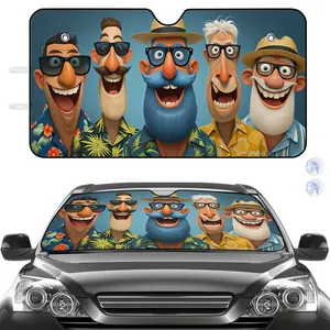 Car Sun Shade Auto Front Windshield Protector | Blue Background Cartoon Characters with Tropical Shirts and Hats, Polyester Fiber, Universally Applicable for Car Interior Protection