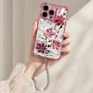 Phone case with pink lily design, compatible with iPhone 11/12/13/14/15/16/17 Pro Max, 14/15/16 Plus, X, & XS Max models, featuring a built-in chrome pink frame and drop protection.