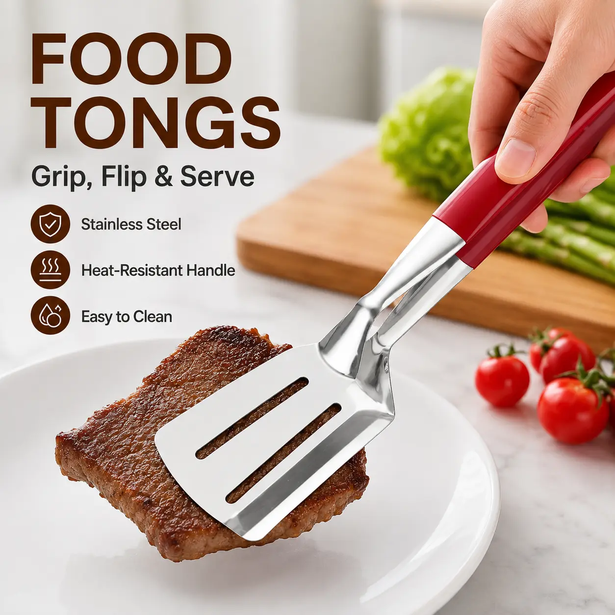 Multi-Functional Stainless Steel Steak Spatula Clamp, 2-in-1 Kitchen Cooking Tongs, Durable Food Turner for Fried Steak, Barbecue Grilling and Frying Pan Cooking