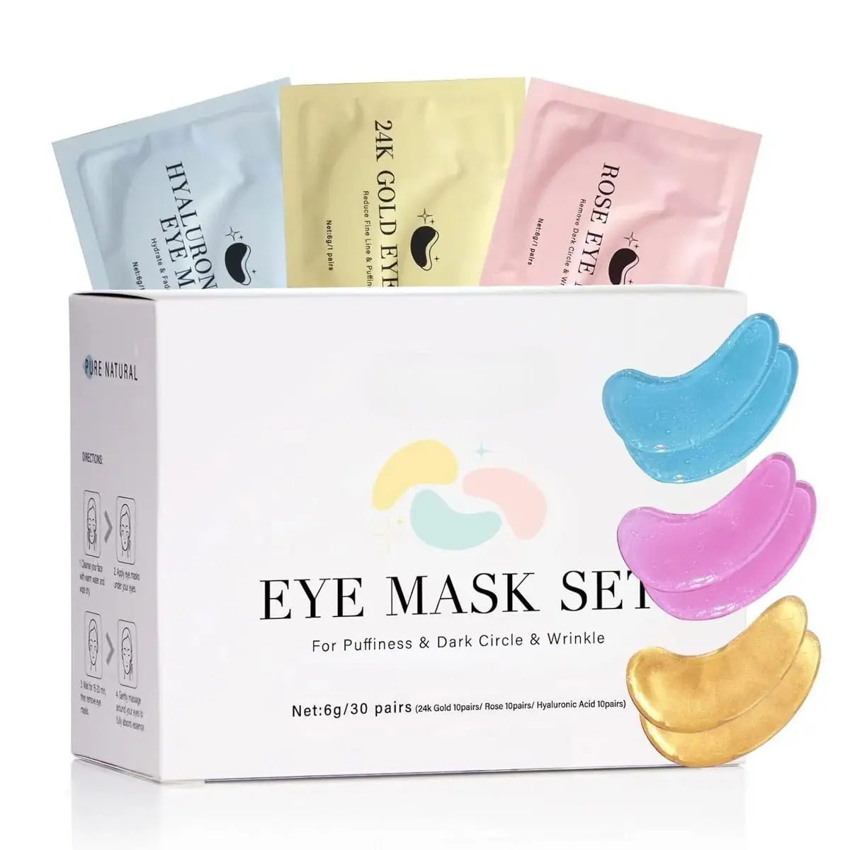 Under Eye Patches 30 Pairs, Firming Eye Mask Variety Pack with Gold, Rose & Hyaluronic Acid for Dark Circles, Puffiness & Wrinkles, Eye Puffiness Reducer