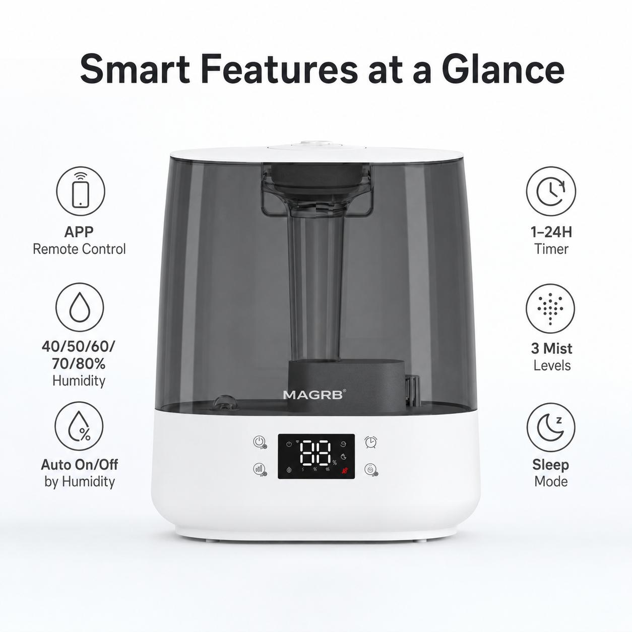 【DealsForYouDays】MAGRB 6L Smart Humidifier for Bedroom and Large Room, APP Remote Control Cool Mist Humidifier with Auto Humidity Control, 1-24H Timer, 3 Mist Levels, Sleep Mode, Top Refill Design, Visible Water Tank, Aroma Pads Included 【DealsForYouDays】MAGRB 6L Smart Humidifier for Bedroom and Large Room, APP Remote Control Cool Mist Humidifier with Auto Humidity Control, 1-24H Timer, 3 Mist Levels, Sleep Mode, Top Refill Design, Visible Water Tank, Aroma Pads Included