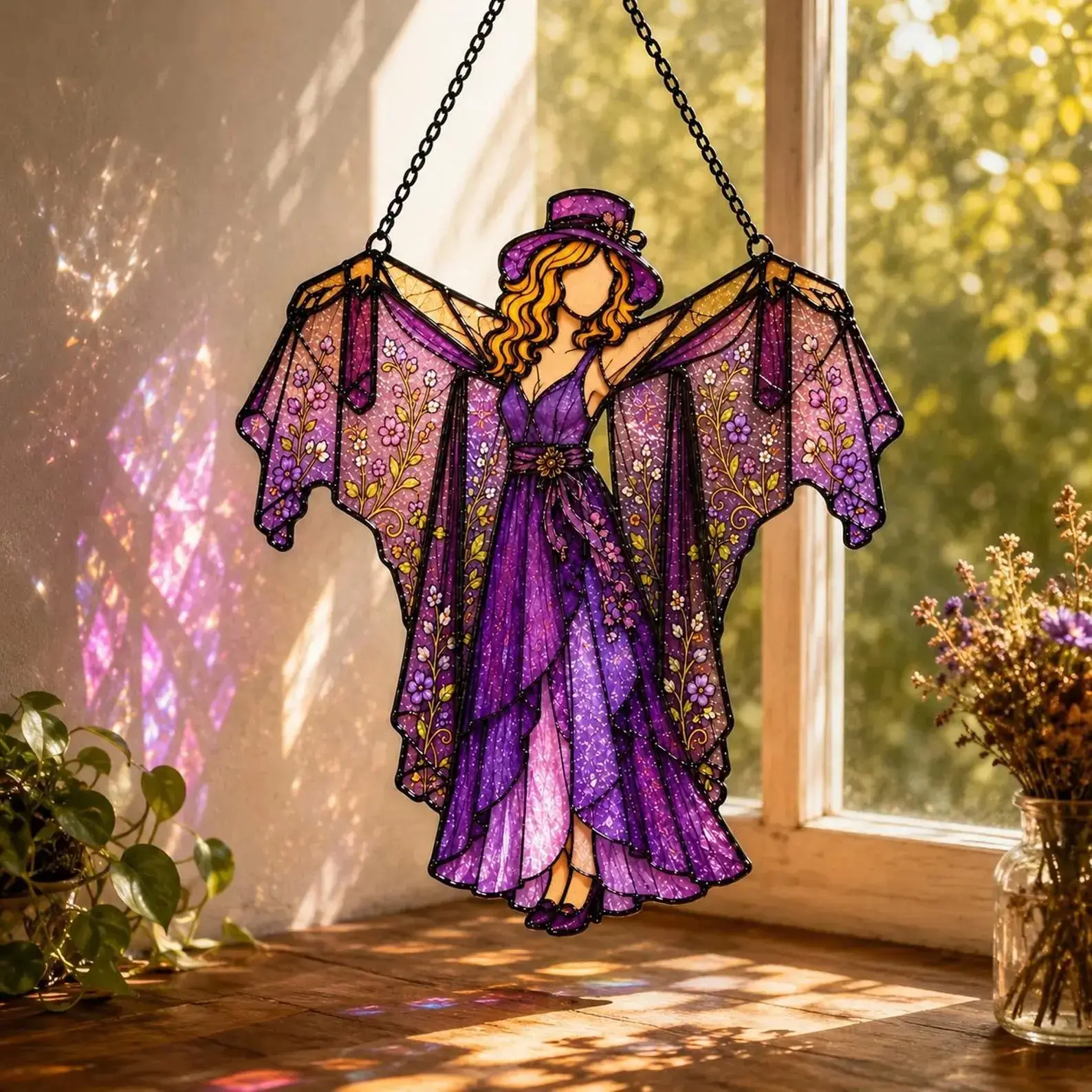 Cottagecore Gothic Witch Stained Glass Suncatcher Purple Floral Fairy Window Hanging Acrylic Celestial Angel Panel Ornament Cozy Room Decor Gift for Her