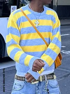 Men's V Neck Striped Pullover Sweater, Classic Style, Warm & Comfortable, Perfect for Daily Wear, Ideal Fall Winter Fashion