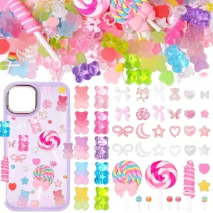 400 Pcs Candy Junk Case Charms Kit, Color Gummy Bear Big Lollipop Charm for Junk Cases, Bow Moon Star Hearts Pearls Phone Cases Charms, Assorted Cute Slime Charm for DIY Crafts