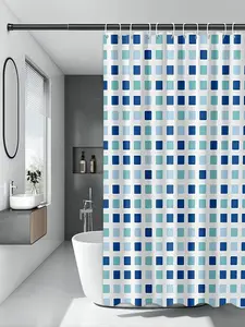 Modern Blue & White Plaid PEVA Shower Curtain with Hooks - Waterproof Bathroom Decor