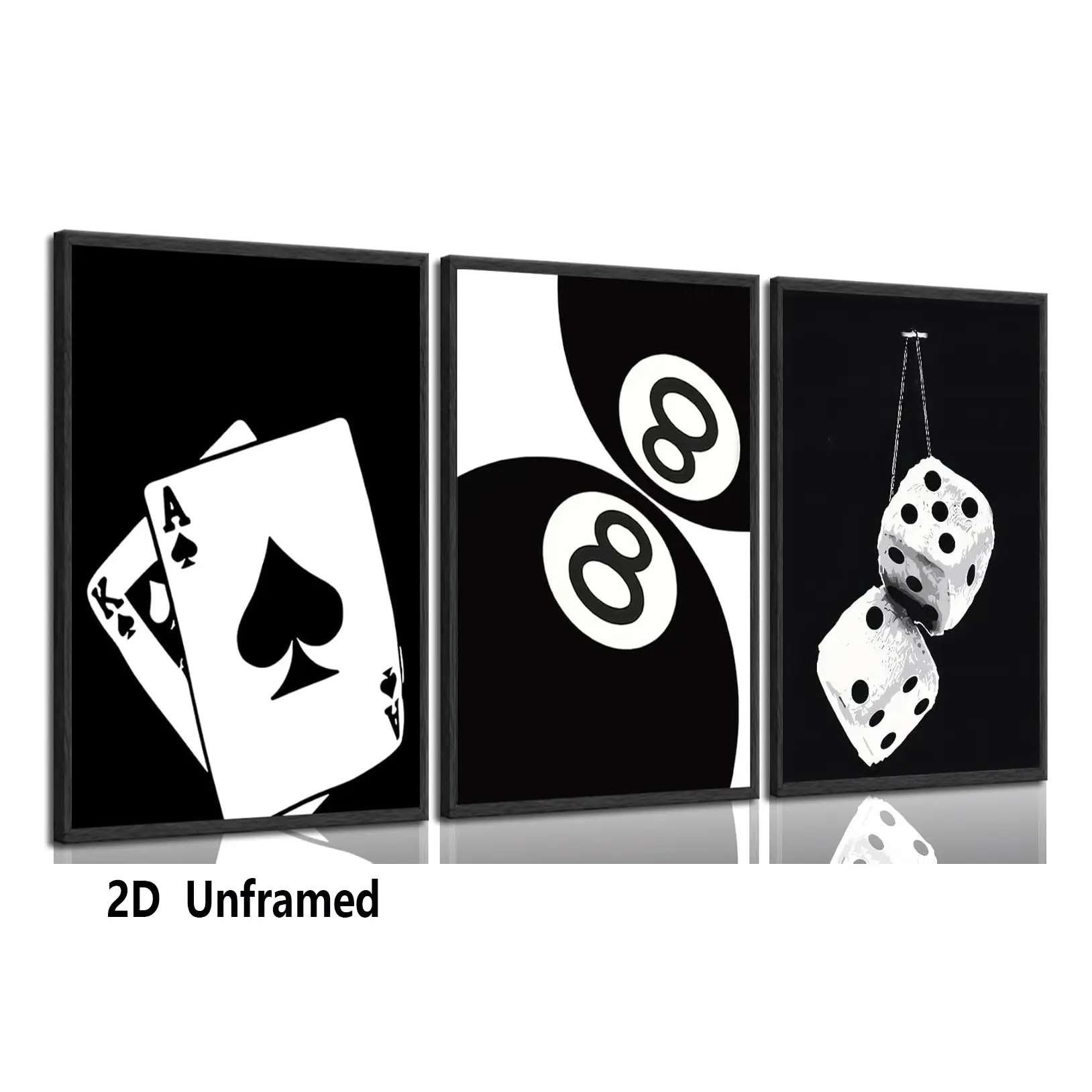 Set of 3: Black-and-white playing card and dice canvas Unframed Wall Art posters, “Lucky You” theme, featuring a trendy, avant-garde, preppy, and Y2K aesthetic; No. 8 ball-themed artwork; perfect for apartment and dorm room decor; frameless