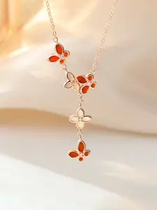 Elegant Women's Clover Butterfly Necklace, S925 Silver with Agate and Pearl Shell, Fringe Pendant Choker Chain