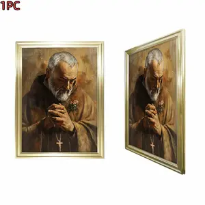 1pc Framed Gold Frame  Religious Artwork Classic Style Saint Padre Pio Canvas Art Print For Living Room Bedroom Church And Home Decor With Elegant Gold Frame