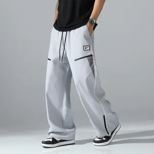 Men's Light Gray Techwear Cargo Pants, Elastic Waist Drawstring Wide Leg Pants, Streetwear Casual Pants For Daily or Outdoor Wear workout short