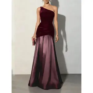 2026 Women's Velvet Patchwork Maxi Dress, Elegant Sexy Asymmetrical Neckline A-Line Gown, Sleeveless Party Prom Date Dresses