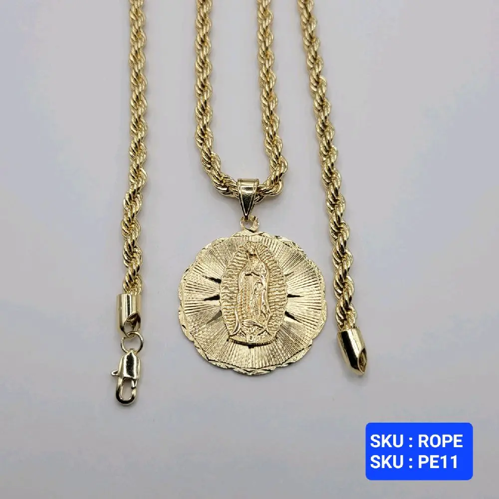 Virgin Guadalupe Pendant with Rope Chain 24 Inches 5 Millimeters Laminated Gold Jewelry for Men and Women SKU ROPE SKU PE11