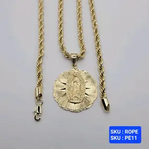 Virgin Guadalupe Pendant with Rope Chain 24 Inches 5 Millimeters Laminated Gold Jewelry for Men and Women SKU ROPE SKU PE11