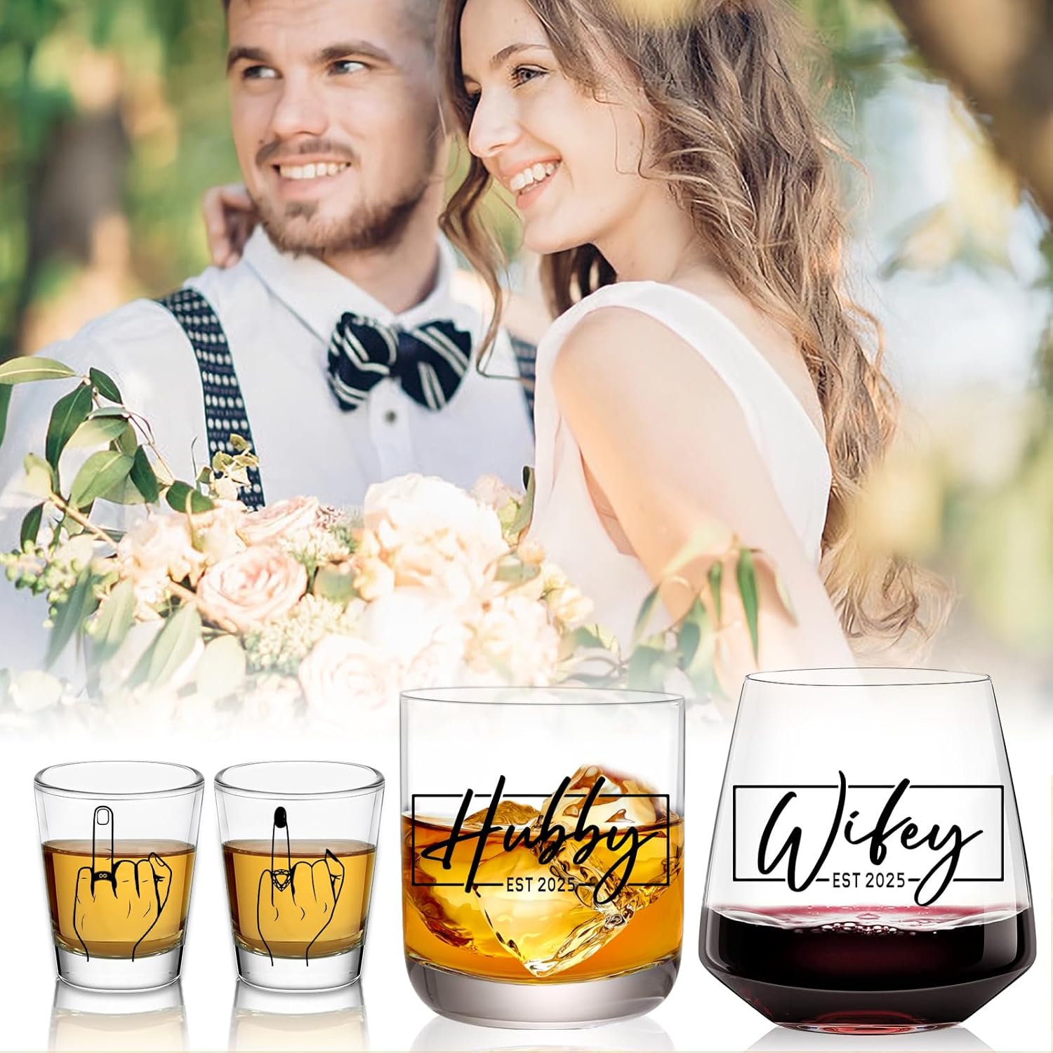 Hubby & Wifey Wine & Whiskey Glass Set for Mr & Mrs Gifts - Anniversary Wedding Gift, Unique Bridal Shower Gift, Drinkware