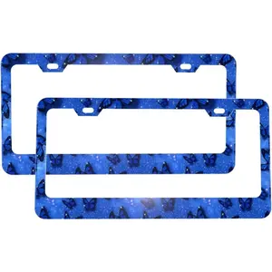 Sparkling Blue Butterfly License Plate Frames 2 Pcs Universal Aluminum Tag Frame, with 2 Holes and Screws  for Men/Women Car Accessories Decor ﻿
