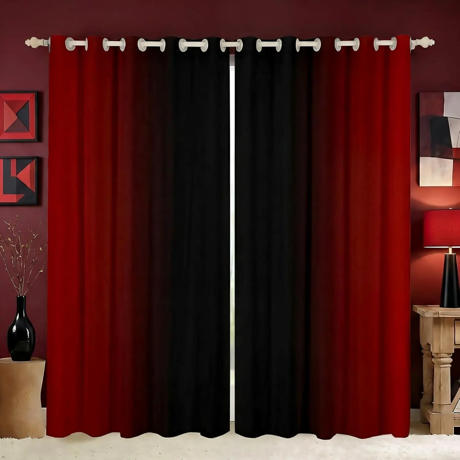 Gradient Blackout Curtains Bedroom Red Black Window Curtains Sets,Contemporary Aesthetic Ombre Boho Minimalist Modern Window Treatments Drapes Abstract Wall Art