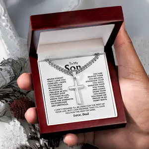 Son Make Me Proud - Artisan Cross on Cuban Link Chain - Best Gift for Son from Dad, Birthday Graduation Gifts, Gifts from Dad, Message Card Gifts For Him