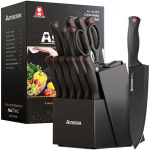 Kitchen Knife Set, 14 Pcs Knives Block Set with Built-in Sharpener, Healthy Anti-Rust Coating & German Stainless Steel Knife Set, Dishwasher Safe Steak Black