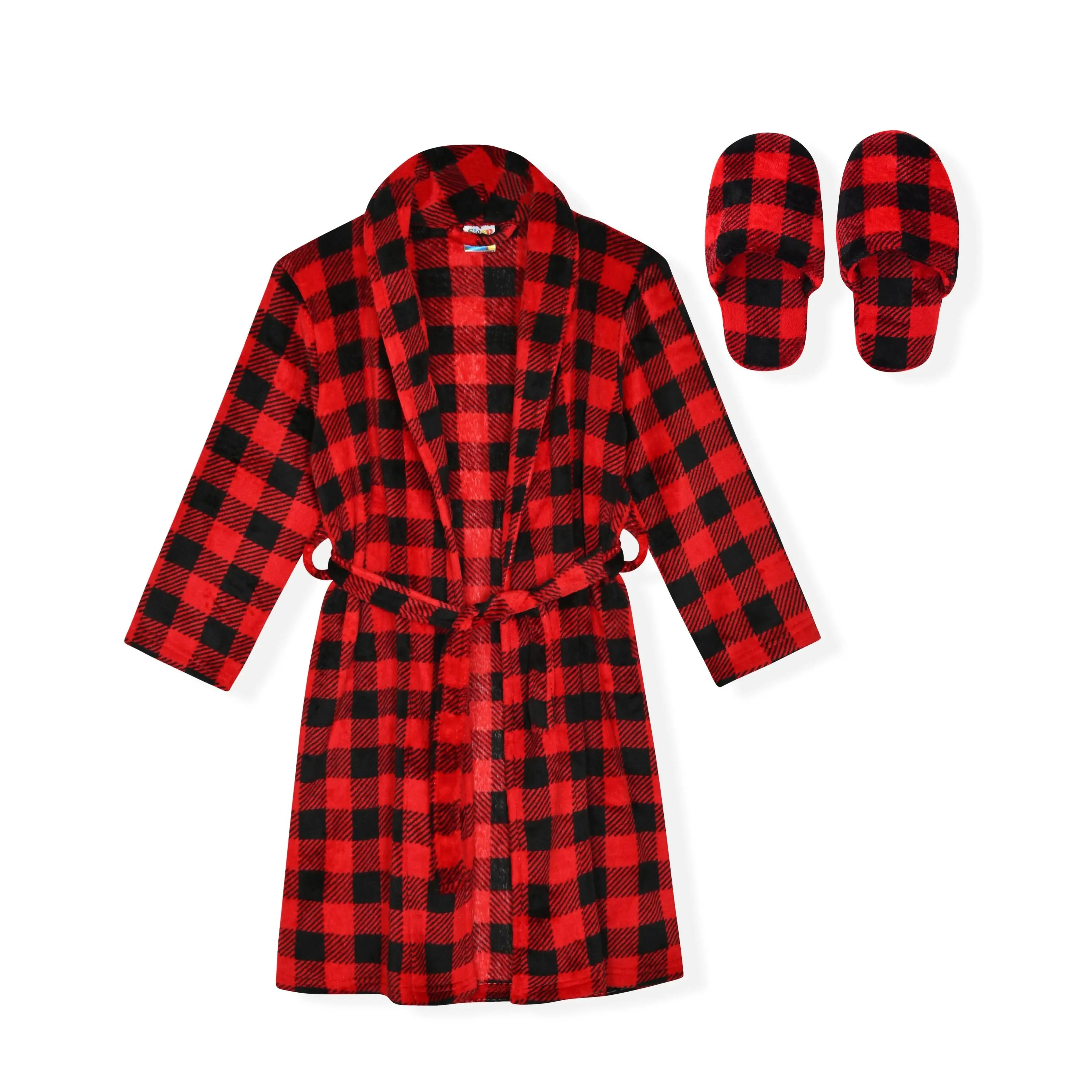 Sleep On It Boys Flannel Fleece Shawl Collar Robe with Matching Slippers - Red Plaid Family Matching