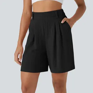 Halara High Waisted Side Pocket Wide Leg Casual Linen-Feel Bermuda Shorts