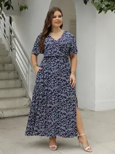 Plus Ditsy Floral Print Pocket Split Thigh A Line Dress, Summer Outfits 2024, Boho Fashion Flounce Sleeve V Neck High Waist Dress for Daily Holiday Vacation Wear, Women Plus Clothing for Summer