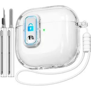 SQ-CGR005 (with Safety Lock) Compatible with AirPods 4 Case with Cleaner Kit,Clear Soft TPU Transparent AirPods 4th Generation Case,Full Protection Cover with Lanyard for AirPods 4 Gen (2024) (USB-C)-White