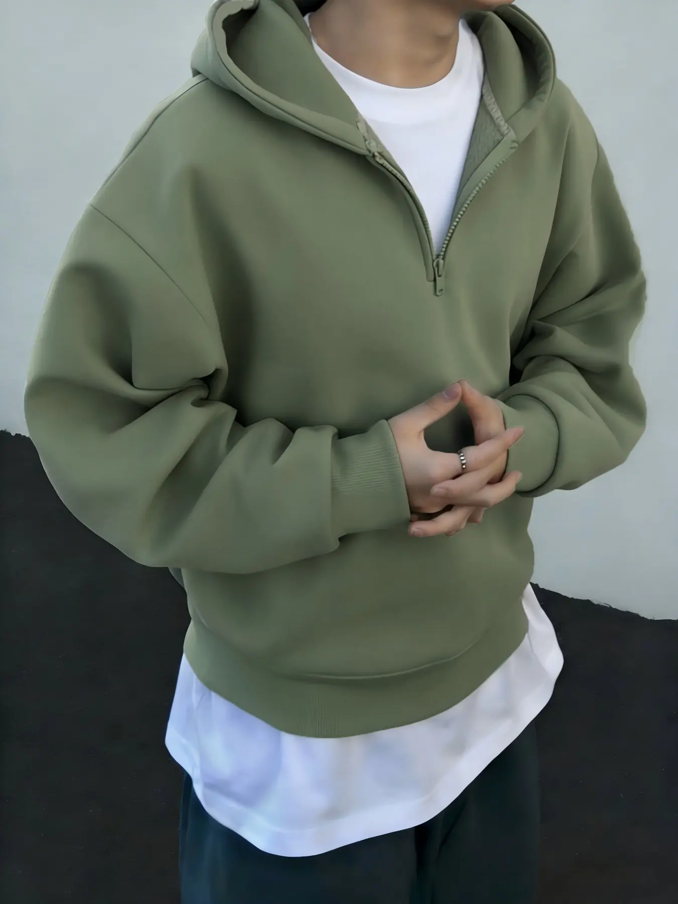 Men's Quarter Zip Hoodie Sweatshirts Pullover, Hoodie Top, Minimalist Aesthetic Loose Fit, Trendy Layered Design, Casual Long Sleeve, Casual Hoodie Pullovers, Spring & Fall