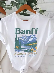 Banff National Park ALBERTA, CANADA Letter Print T-shirt, Short Sleeve Crew Neck Casual Top for Summer & Spring, Women's Clothing