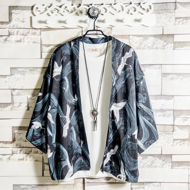 TOP Men's Summer Ukiyo-e Kimono Cardigan Chinese Style Hanfu Robe 3/4 Sleeve Lightweight Sun Protection Jacket with Wave & Dragon Print Breathable Casual Menswear Clothes