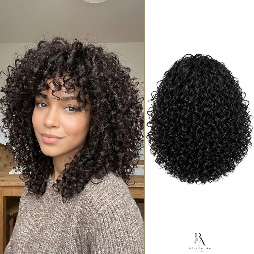 BelleAura Living Curly Bangs Wig for Women, 16 Inch Natural Curly Synthetic Wig with Heat Resistant Fiber, Full Machine Made Short Bob Wig with Adjustable Cap for Daily Wear