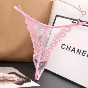 Sexy Transparent Thong Women's Low Waist One-Line Seamless Lace Panties Feather Embroidery T-Pants