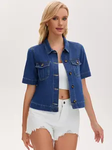 INSPIRE CHIC Women's Jean Jacket Crop Button Down with Pockets Casual Short Sleeve Denim Shirt
