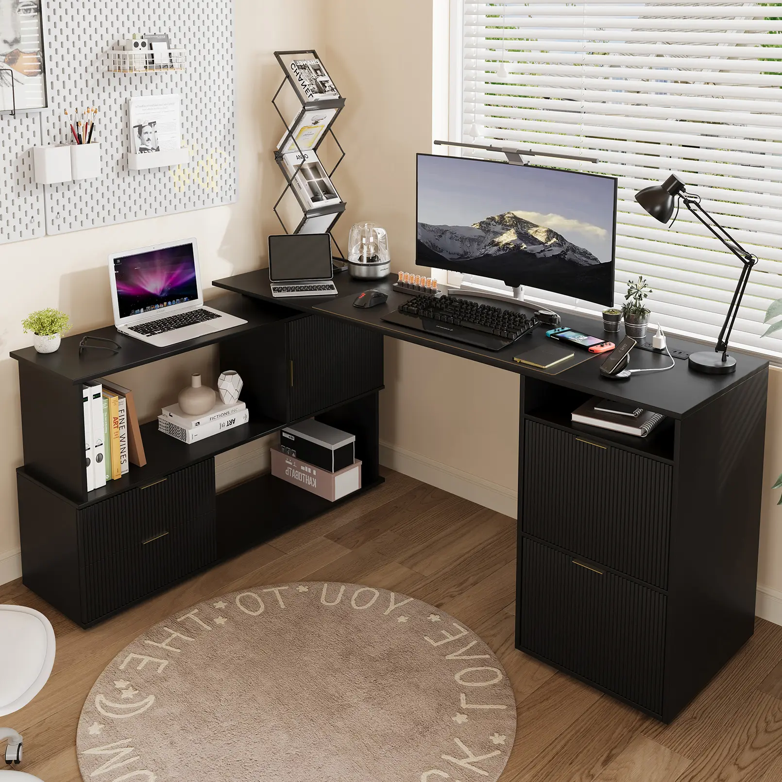 L-Shaped Desk with Drawers & Power Outlet, 180 Rotating Corner Computer Desk with Storage, 66 Inch Office Desk with 5-Drawer, Space-Saving Modern L-Shaped Workstation, Black