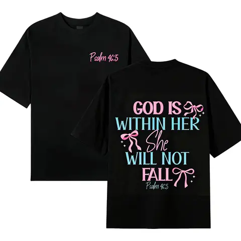 Unisex Retro Vintage Loose-Fit Short-Sleeve Round Neck T-Shirt, 180g Washed Cotton, Soft Breathable Stylish Dual-Sided "GOD IS WITHIN HER SHE WILL NOT FALL" Psalm 46:5 Inspirational Top for Spring Summer Casual Wear (Sports & Outdoor Clothing)